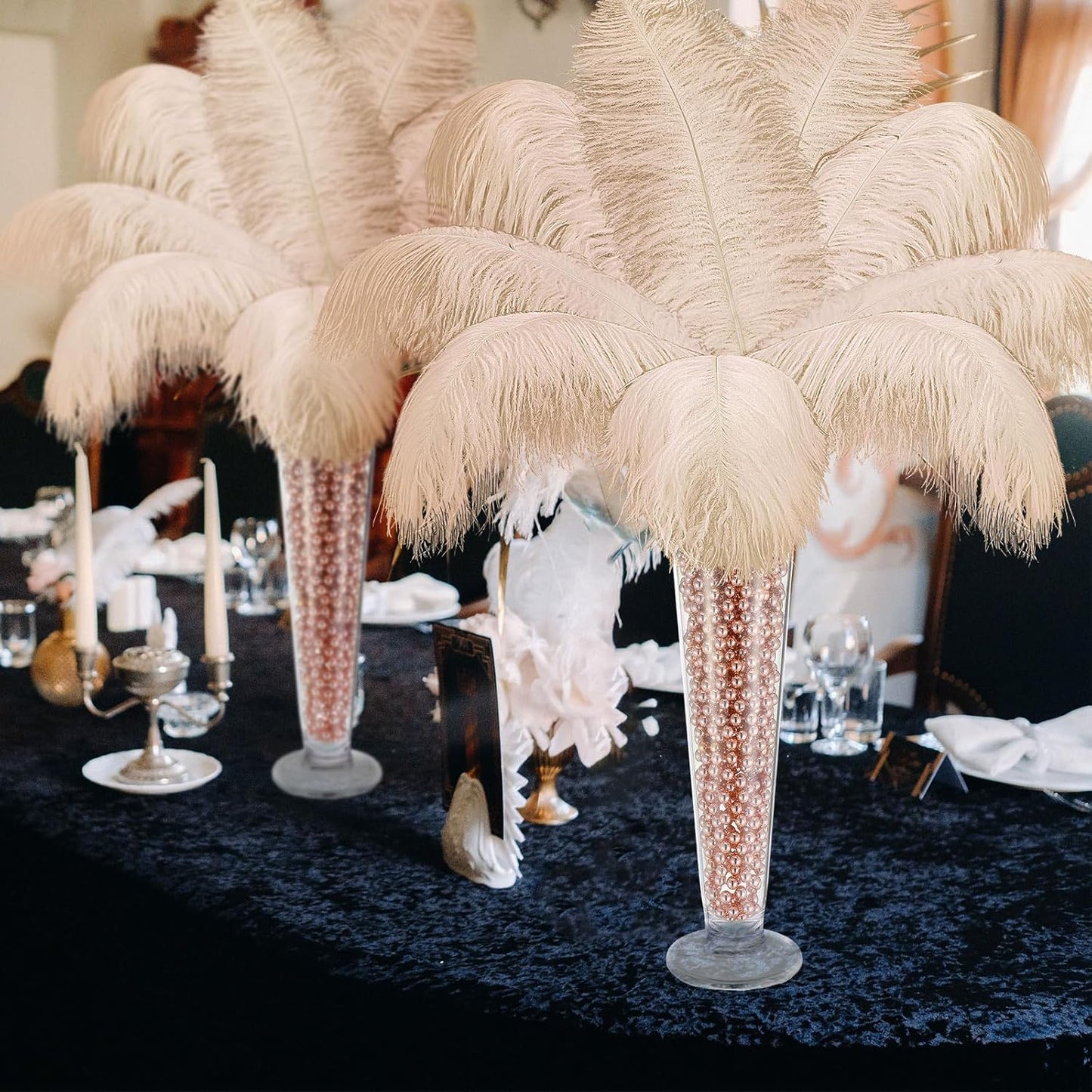 Yuxung 6 Sets Wedding Table Centerpiece Accessories Including 159 Pieces Natural Ostrich Feather Bulk Plastic Vases and Beads Necklaces for Wedding Home Party Centerpiece Supplies(Champagne)