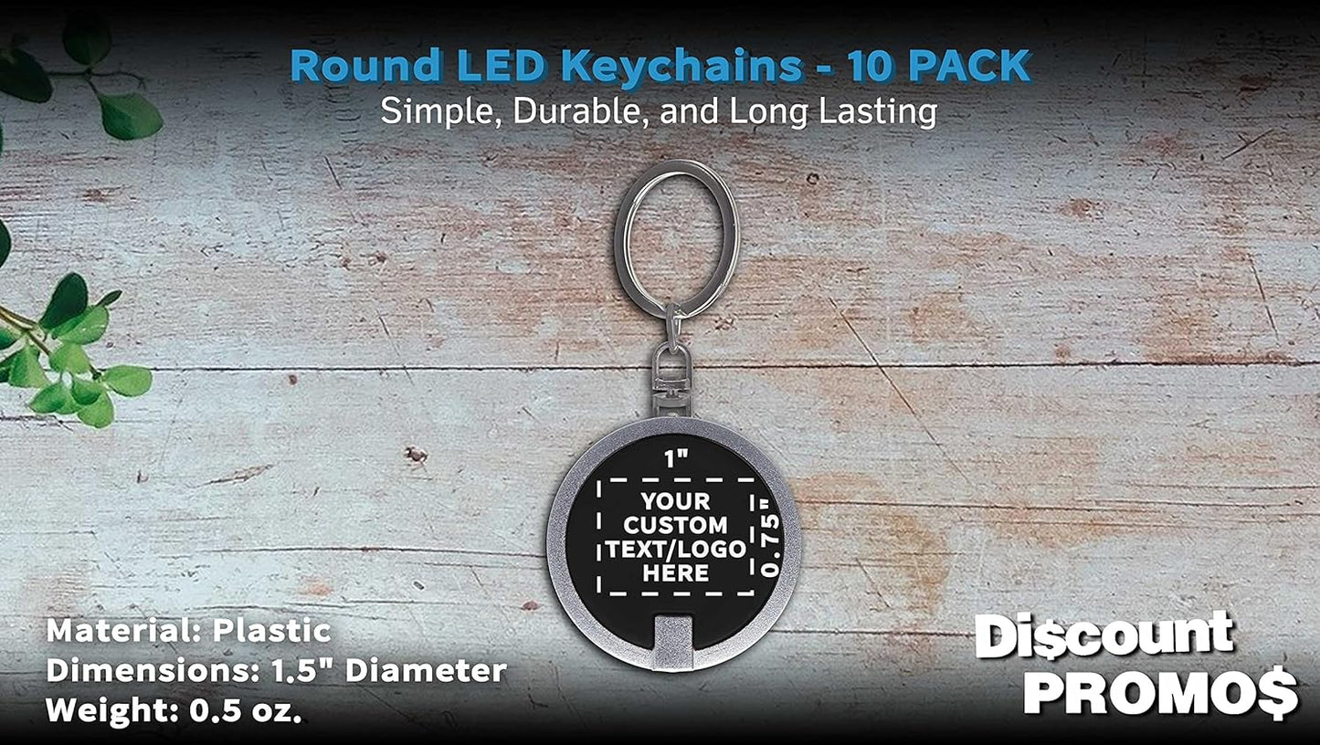 DISCOUNT PROMOS 10 Round LED Keychains - Customizable Text, Logo - Battery included, Plastic - Black