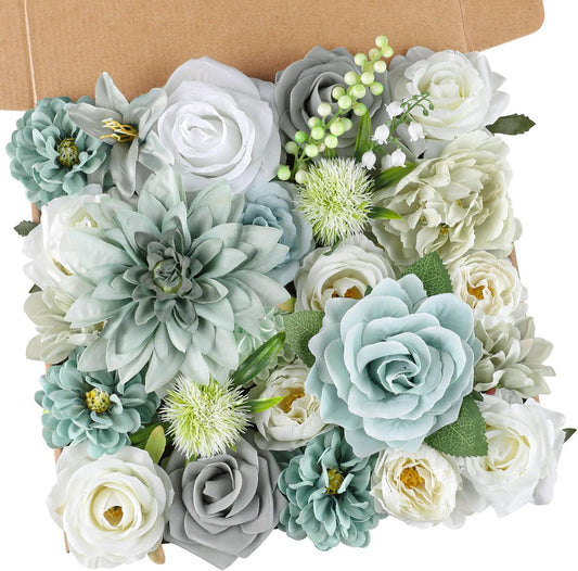 AmyHomie Teal Blue Artificial Flowers Combo Silk Mix Peony Rose Fake Flowers w/Stem for DIY Wedding Bouquets Centerpieces Arrangements Table Fall Decor Party Bridal Baby Shower Home Decorations