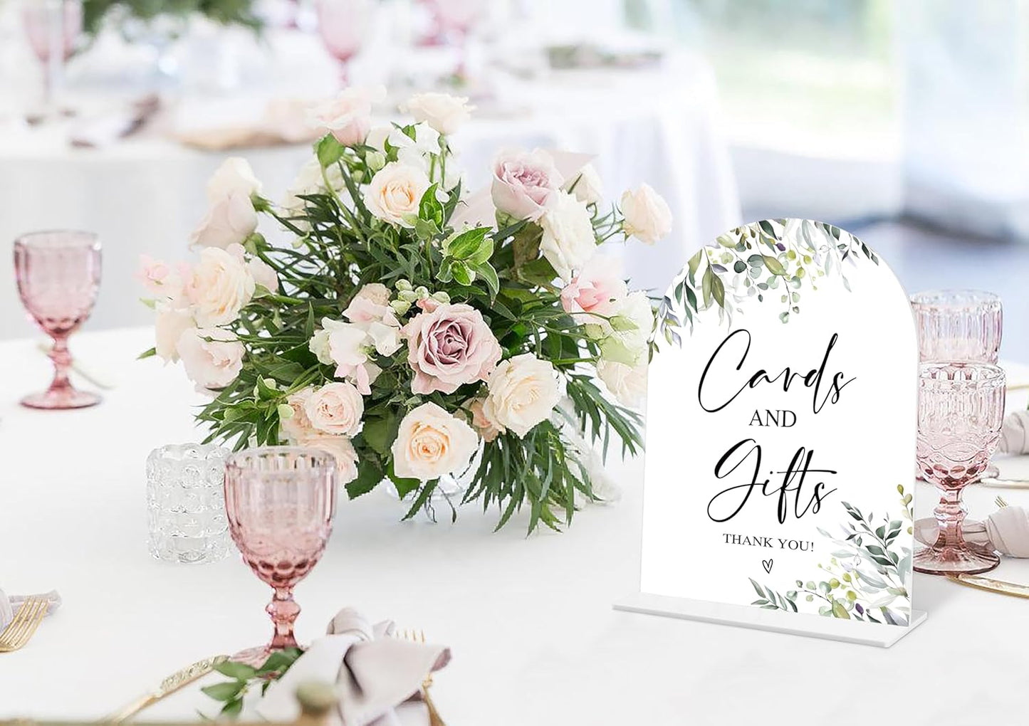 Greenery Cards and Gifts Sign, 6 x 8 Inch White Arch Acrylic Wedding Sign with Holder, Wedding Sign for Ceremony and Reception, Wedding Decoration, Wedding Supplies - LY01