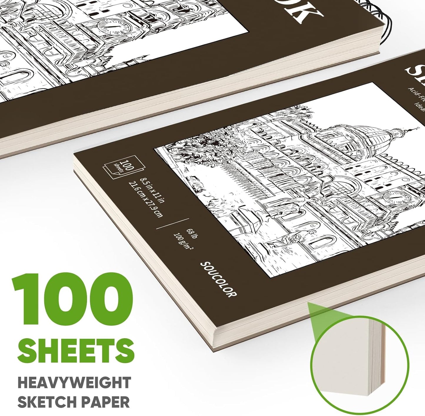 Soucolor Sketchbook 8.5x11 Hard Cover - 100 Sheets Spiral Bound Sketch Pad 8.5" x 11", 68lb/100gsm Thick Drawing Paper 8.5" x 11", Acid-Free Art Notebook for Kids Adults Classroom Teacher Must Have