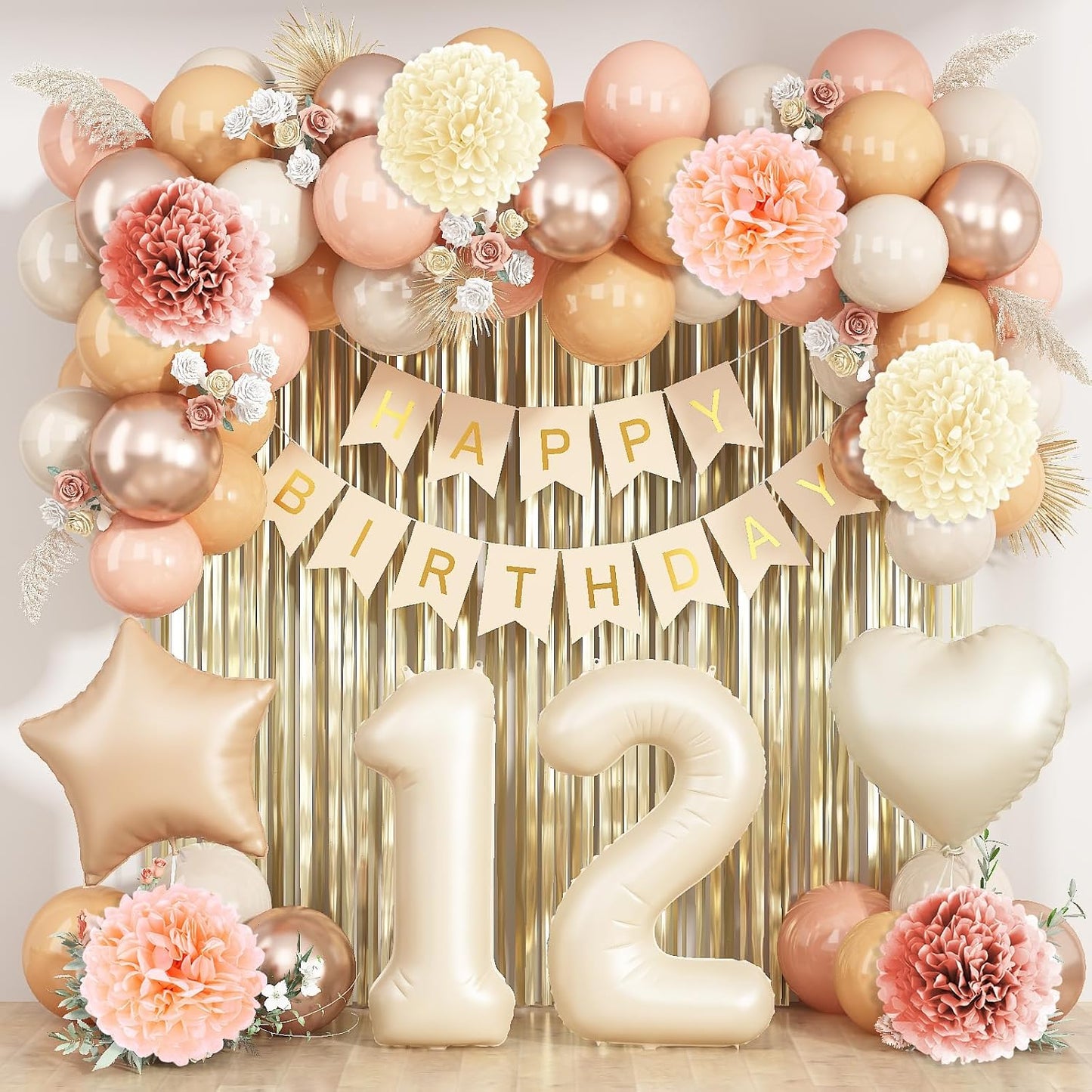 Beige 12th Birthday Decorations Girls Boys Cream Number 12 Balloon Nude Gold Happy Birthday Banner Fringe Curtain Paper Pom Poms Blush White Sand Champagne Star Foil Balloons Neutral Boho Party Decor