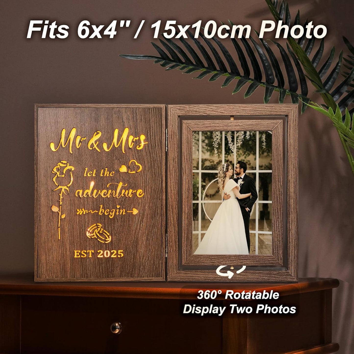 Light Up Wedding Photo Frame Gifts for Couples 2025 - Rotating Glowing Picture Frame Mr and Mrs Bridal Shower Gifts for the Bride Newly Wed Couple - Vintage Decor Holds 2 4x6 Photos