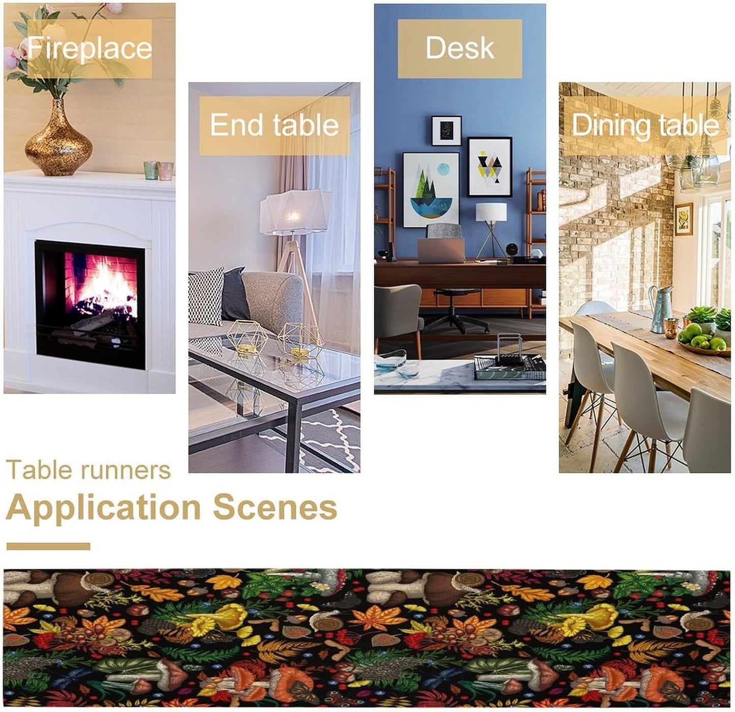 Nature Mushroom Table Runner,Retro Boho Floral Botanical Plant Forest Pattern Print Tablecloth Burlap for Hotel Indoors Outdoor Dining Room Kitchen Holiday Party, 13x70in