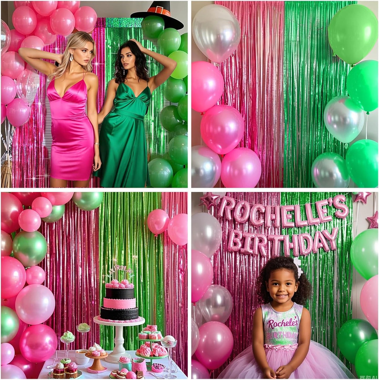 4 Packs Pink and Green Foil Fringe Curtain, Pink Green Metallic Tinsel Backdrop for Birthday, Baby Shower, Princess Bachelorette Party, Witch Party Decorations Supplies