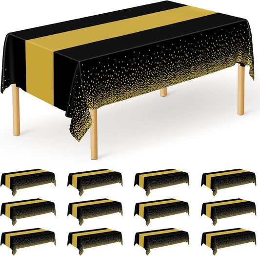 QZYL 12Pack Plastic Table Cloth Disposable, 54" x 108" Waterproof Black Table Cloths with Gold Dots, Outdoor Tablecloth for Rectangle, Table Cloth Cover for New Years Eve Decorations Holiday Birthday