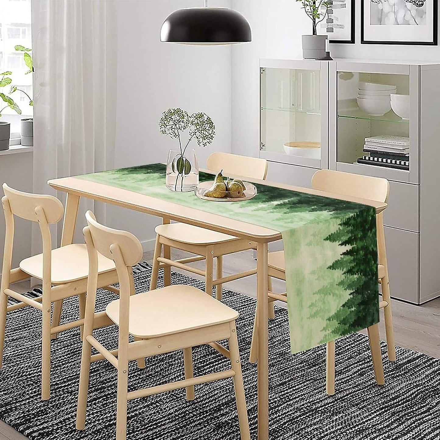 Foggy Forest Table Runner,Watercolor Wreen Misty Forest Landscape Table Runner for Kitchen Dining Table Home Party Decoration 13x90 Inch