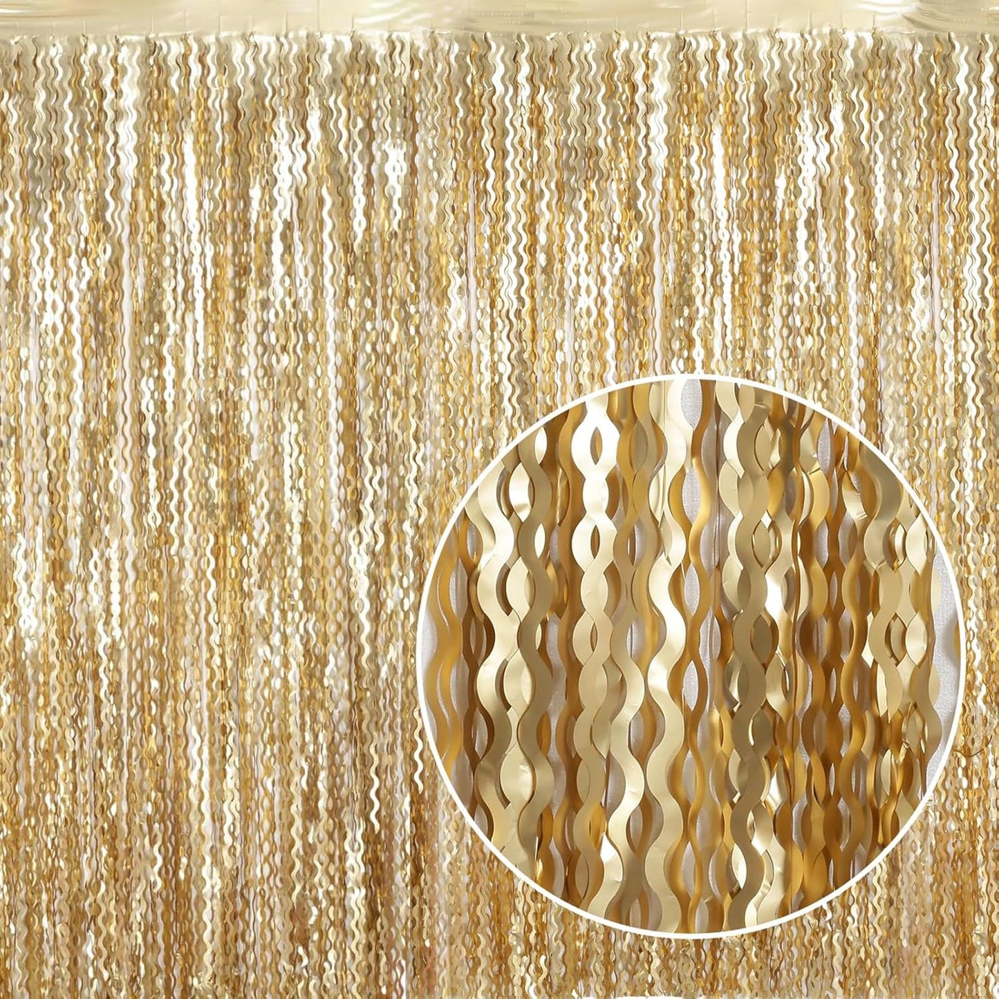 4 Pack Wavy Champagne Gold Metallic Tinsel Foil Fringe Curtains Backdrop - 3.3X6.6ft Foil Fringe Backdrop for Parties | Door Streamers for Birthday | Photo Booth Backdrops Party Decor