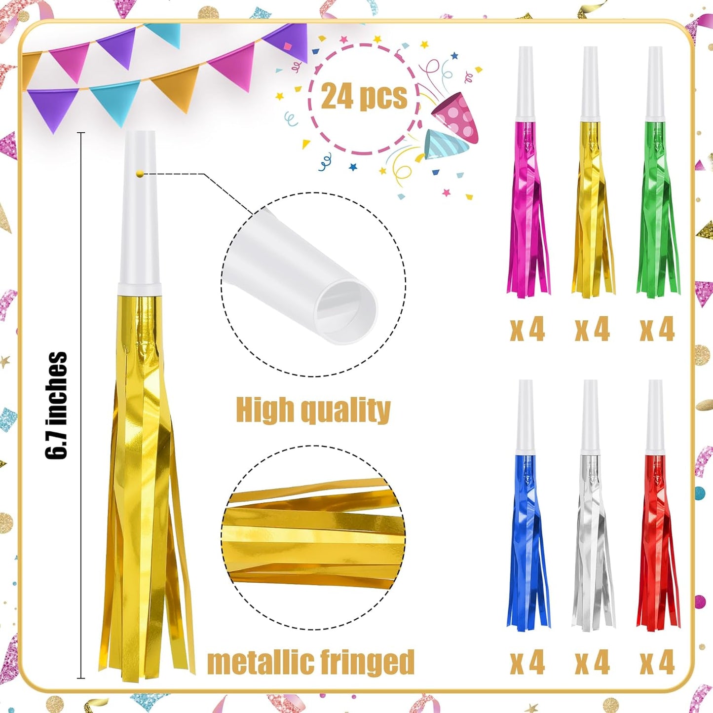 24 Pcs Glitter Noise Makers Metallic Fringed Party Blower for Adults Birthday Graduation New Years Party Favors Supplies (Colorful)