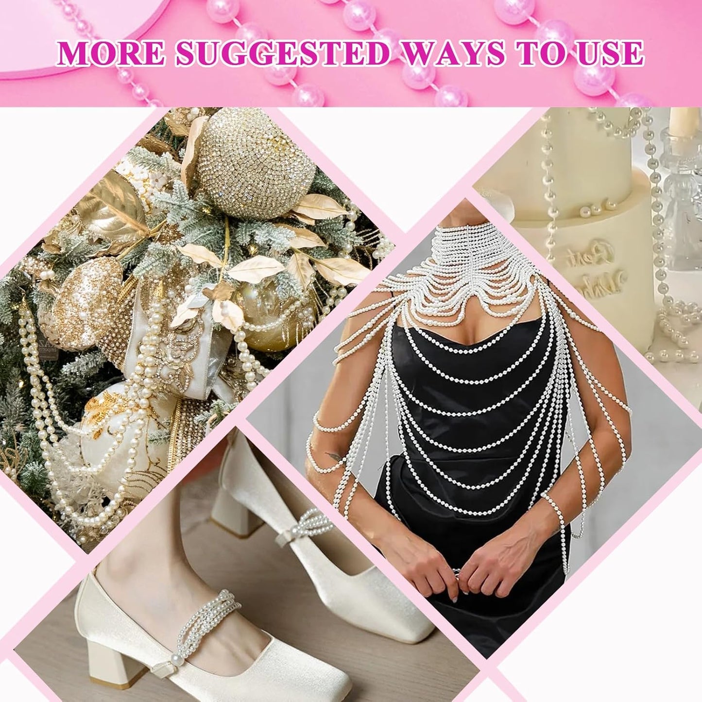 59 Feet 8mm Pearl Strings Garland for Crafts, Artificial Pearl Beaded Trim Chain Roll Strands for Wedding Centerpieces Bouquet Party Decoration Christmas Tree Garland, White