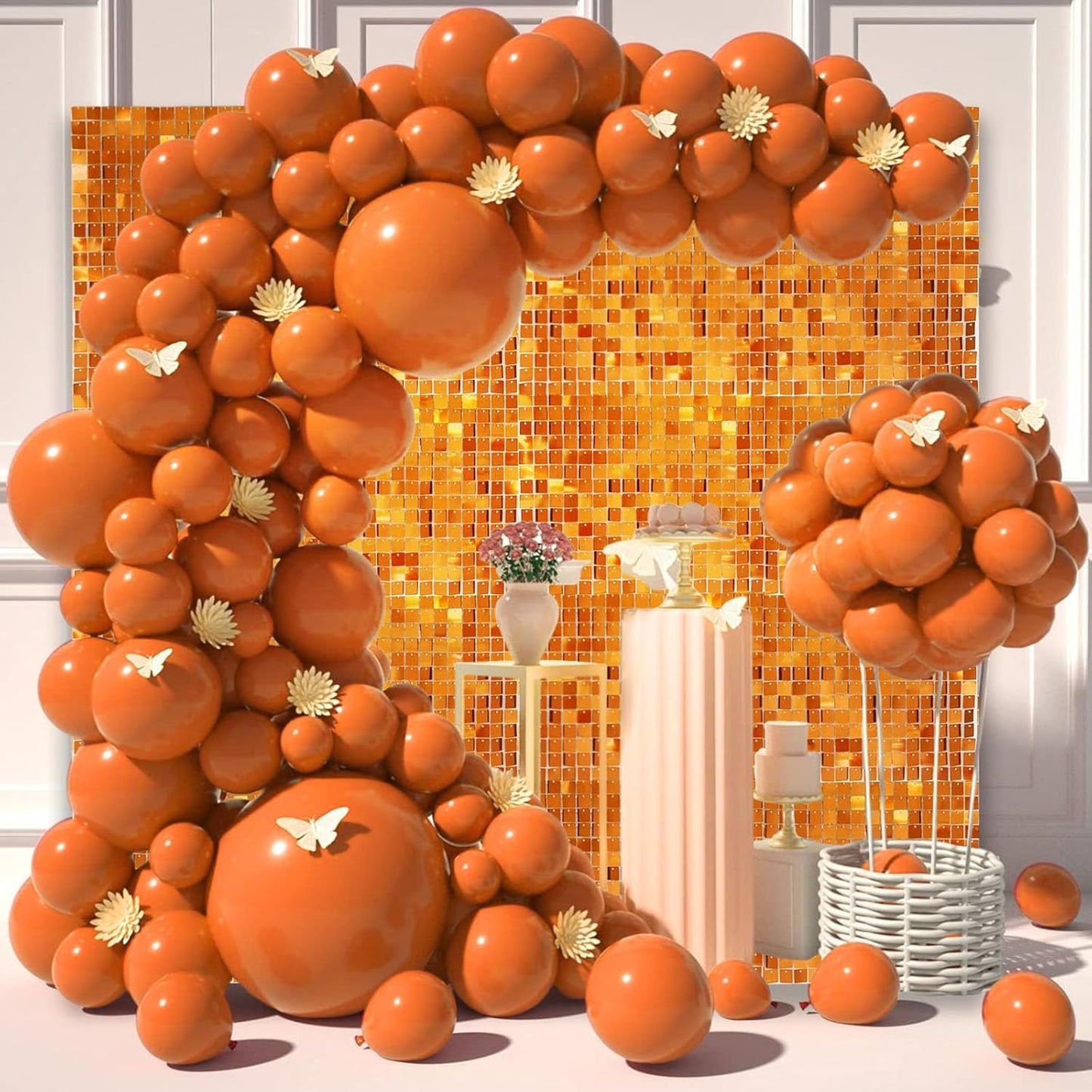 24PCS Orange Shimmer Wall Backdrop, Square Sequin Backdrops Panel, Glitter Wall Background for Birthdays, Weddings, Halloween, Thanksgiving, Disco Bachelorette Party Decoration (4FTx6FT)