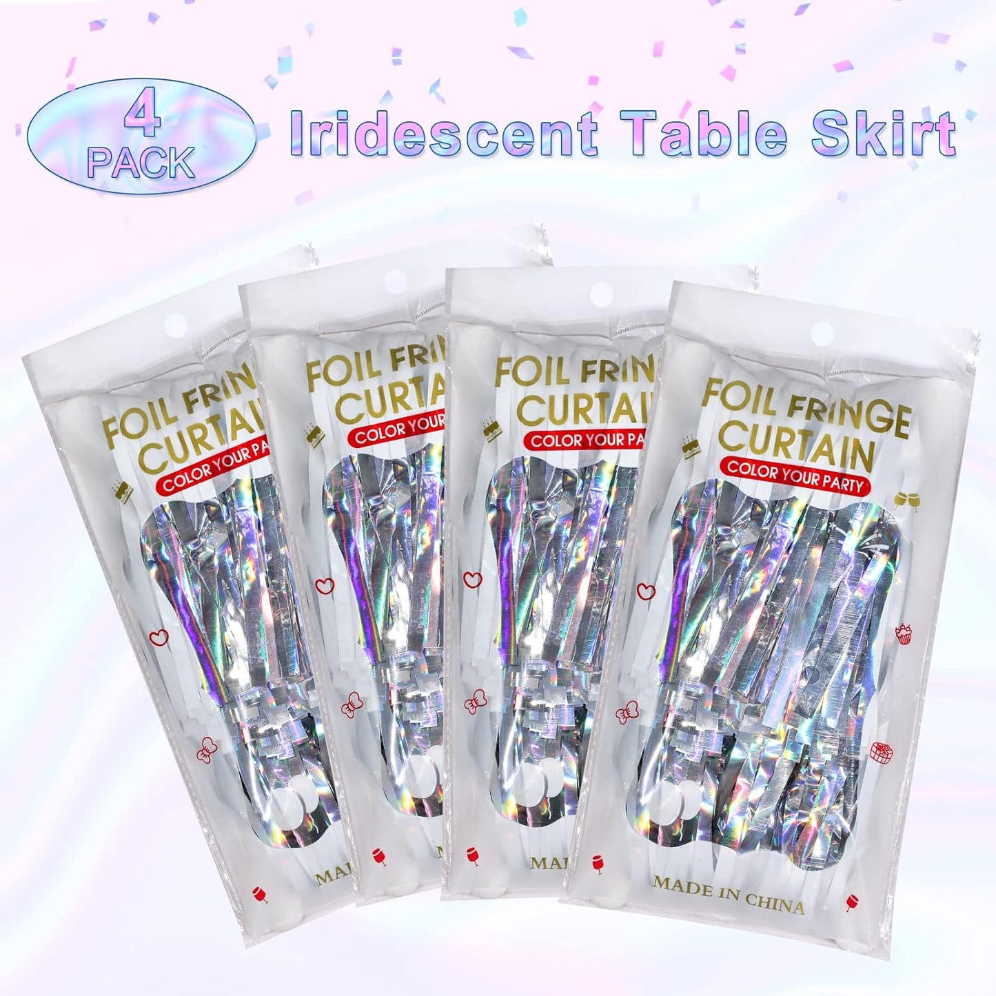 4 Pack Iridescent Table Skirt, Metallic Foil Fringe Tinsel Table Skirts for Rectangle Tables, Disposable Laser Rainbow Table Skirt Iridescent Party Decorations for Birthday Wedding Holiday, 29x108Inch