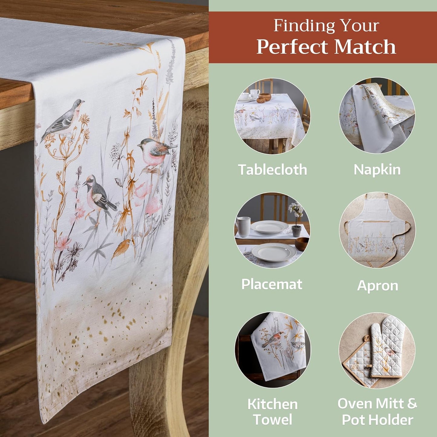 Maison d' Hermine Table Runner 100% Cotton Double Layer Table Runners 108 inches Long Decorative for Home Dining Party Wedding Bridal Shower Spring Summer (Meadow Florals - Beige, 14.50" x 108")