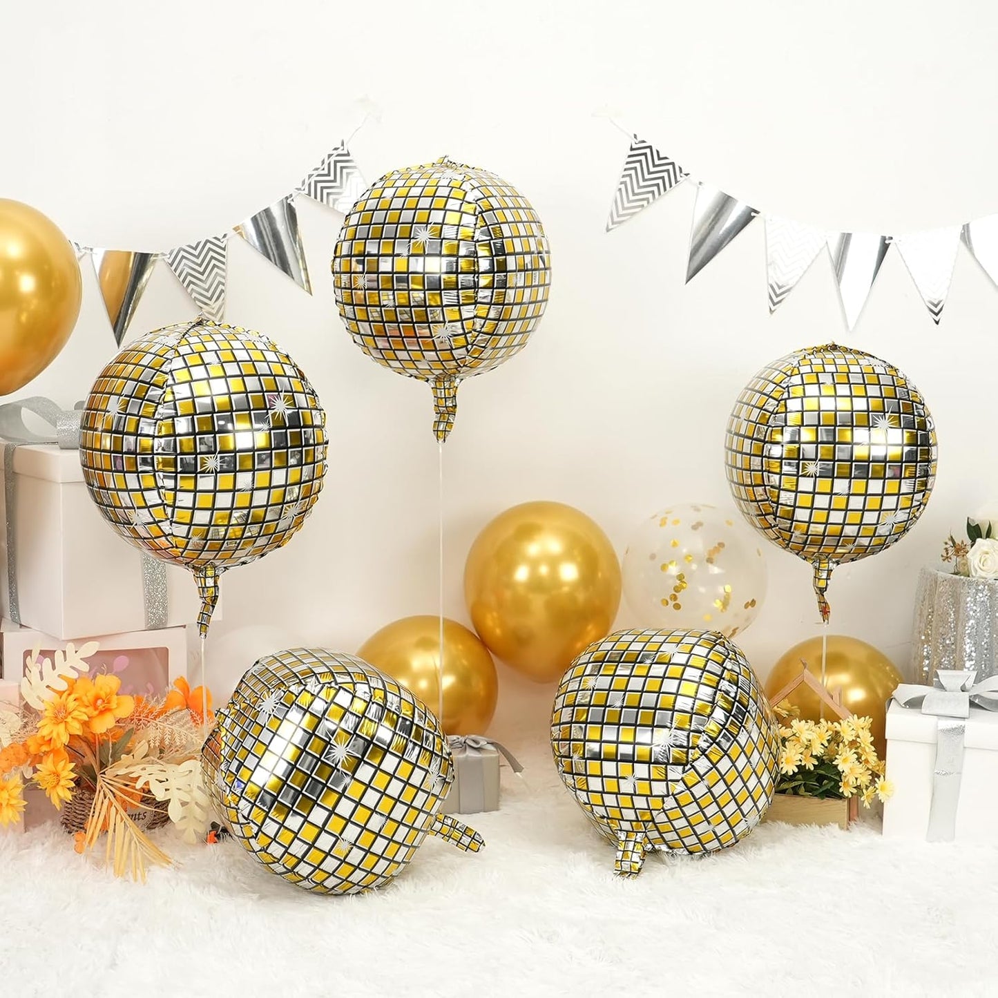 Disco Ball Balloons 4PC,Foil Disco Balloons 22 Inch 4D Round Metallic Gold Silver Balloon for 70s 80s Birthday Bachelorette Graduation Decorations