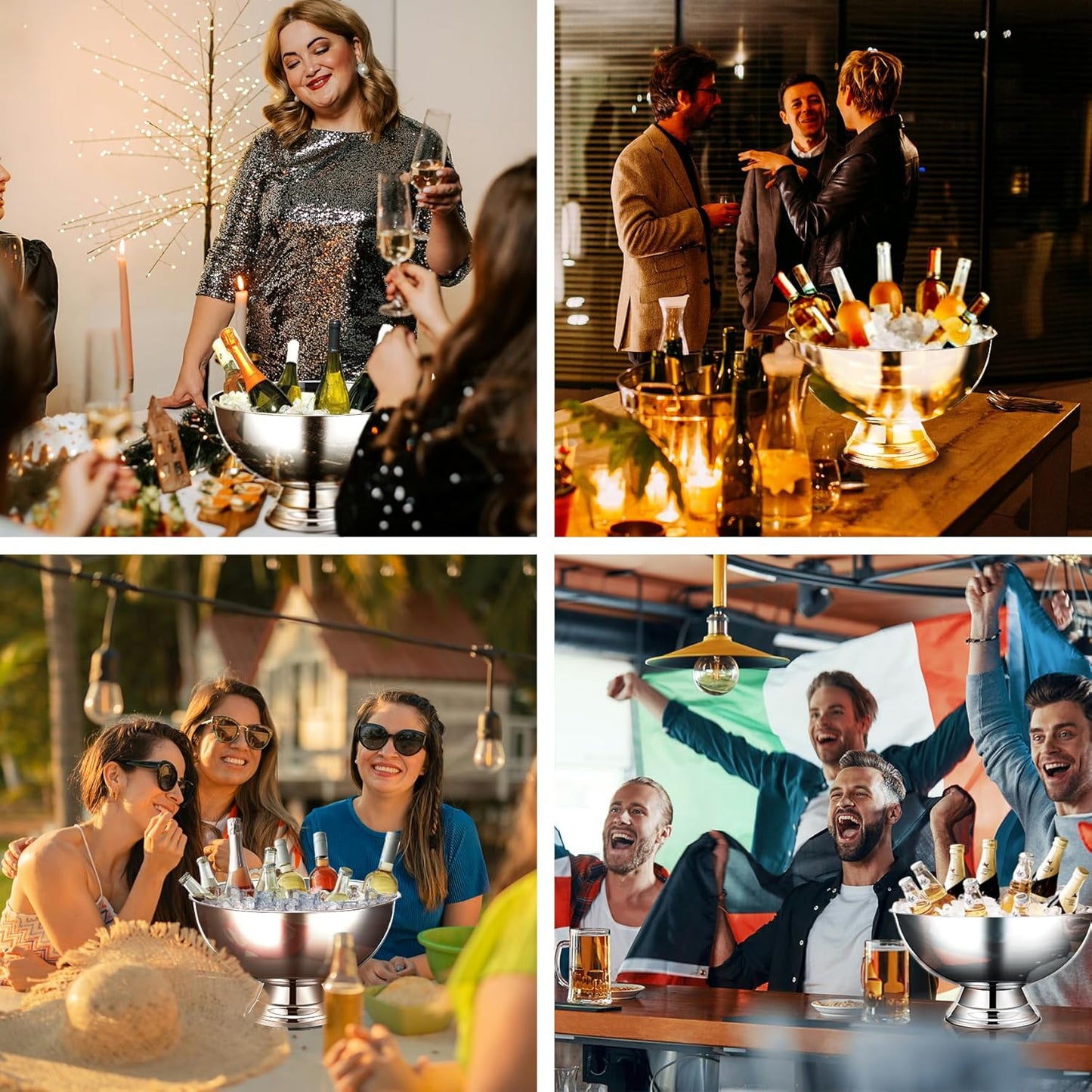 12L Silver Large Ice Bucket for Parties - 16"x16"x10" Huge Punch Bowl with Ladle - Stainless Steel Bucket for Cocktail Bar - Lightweight Champagne Bucket with Scoop