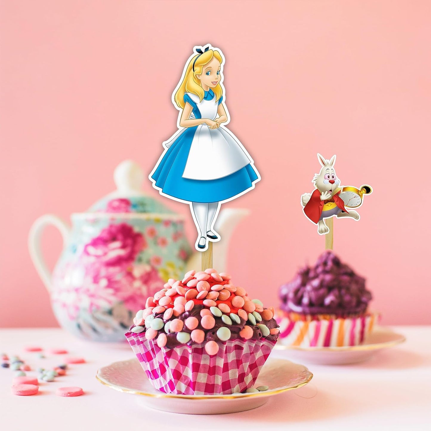"Alice in Wondrland Cupcake Topper – Whimsical Birthday Party Decorations for Adults – Tea Party, Baby Shower, Bridal Shower, Theme Dessert Table Décor – Reusable Party Supplies"
