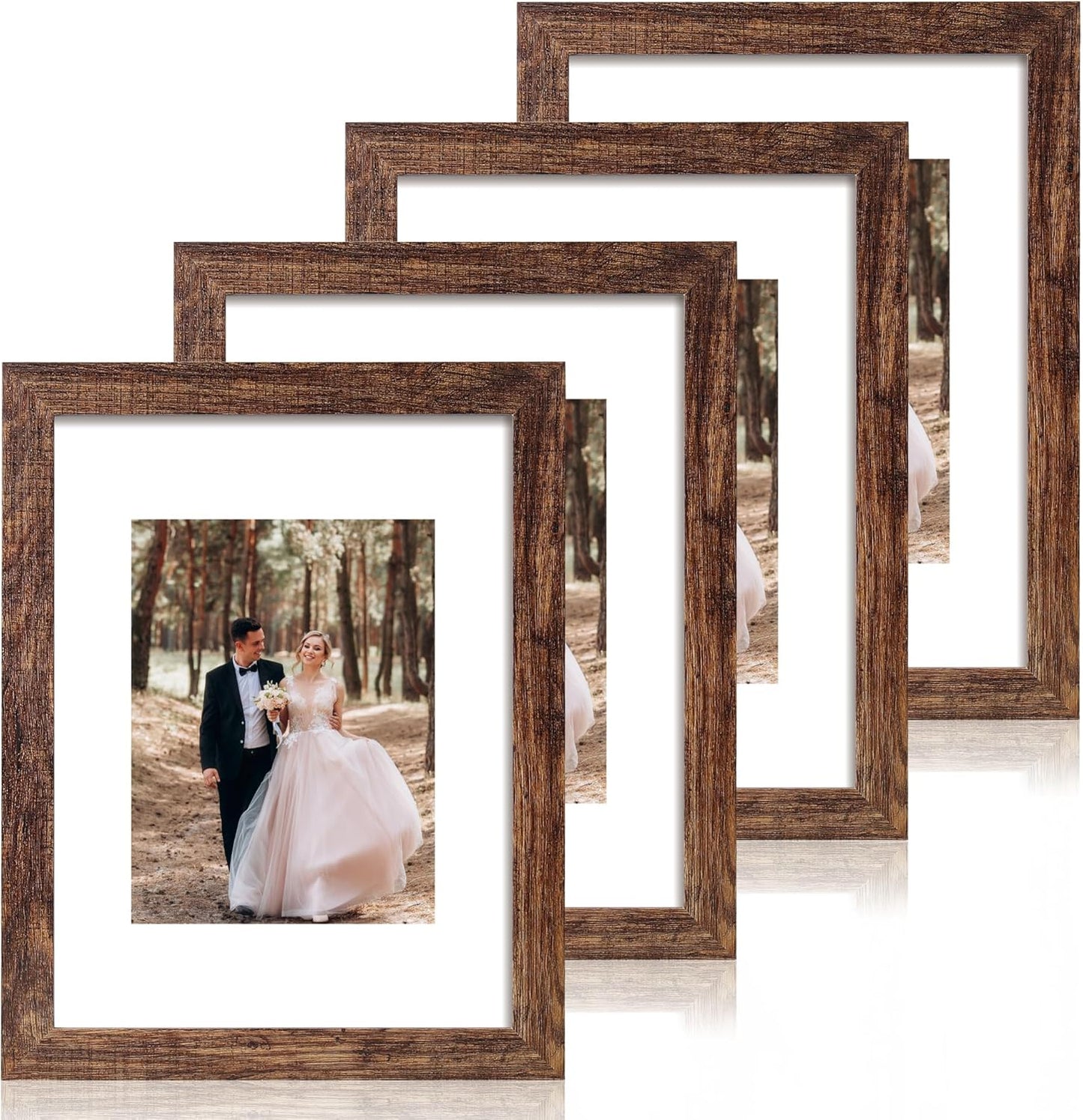 9x12 Picture Frame Set of 4 with Tempered Glass, Wooden Rustic Frame Display 6x8 Pictures with Mat or 9 x 12 Without Mat, Photo Frame for Wall Mount and Tabletop Display