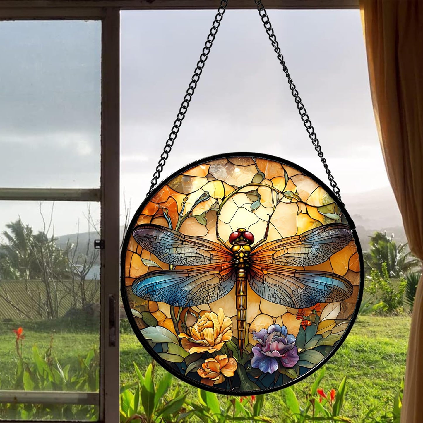 Stained Glass Window Hanging - Orange Blue Dragonfly Flower Suncatcher for Doors Window Home Sun Catchers Decor Christmas Mother's Day Birthday Outdoor Gifts for Women Men Mom Nana 6.3 in