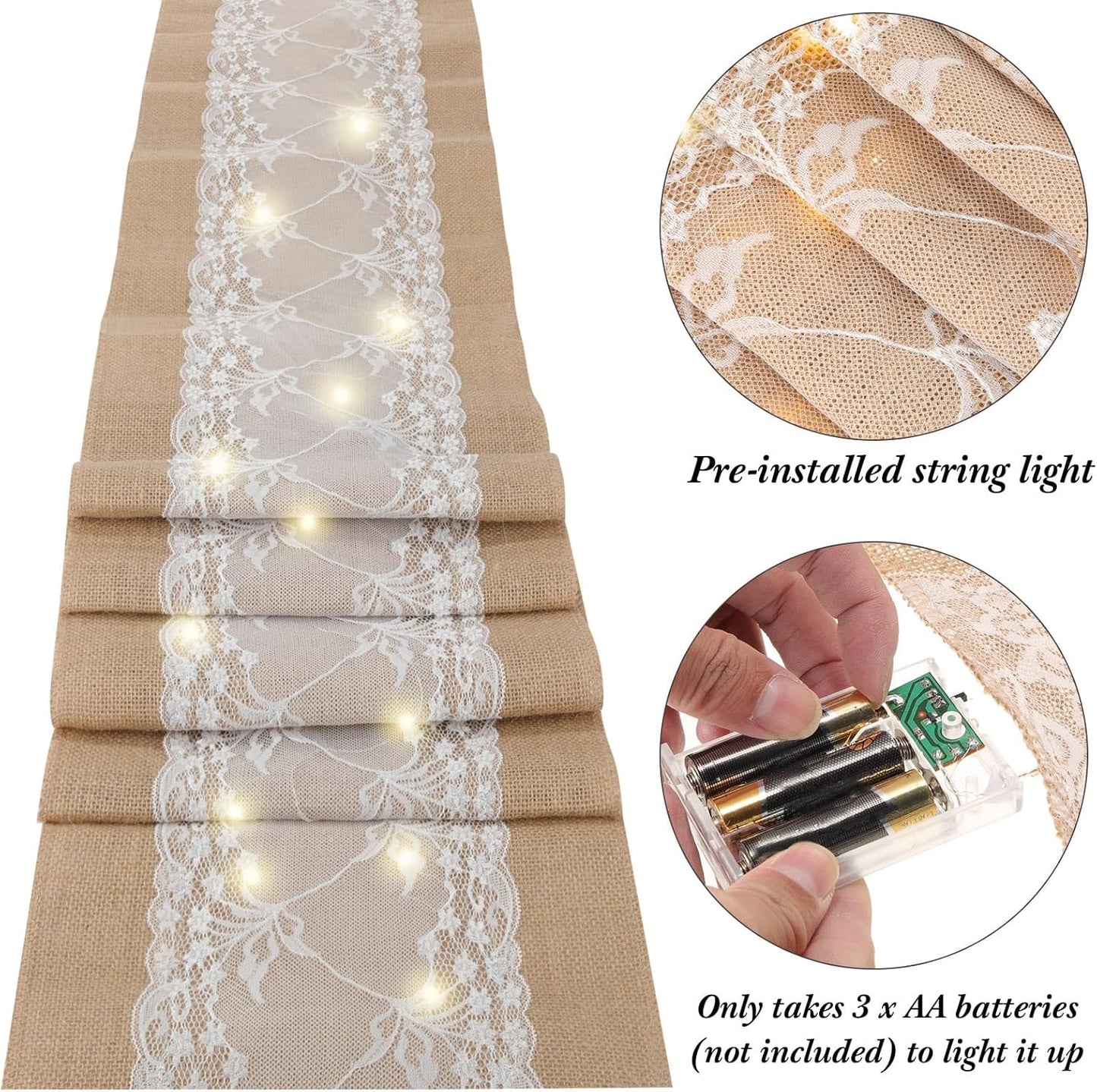 Xinnun 6 Pack Burlap Table Runner with LED String Lights, Modern Rustic Lace Natural Vintage Boho Jute Wedding Table Decor for Farmhouse Thanksgiving Christmas(Farmhouse Rustic Burlap,12x70 Inches)