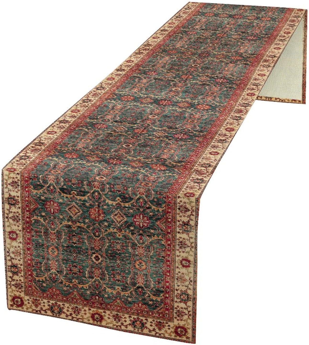 Vintage Boho Floral Table Runner, Rustic Country Farmhouse Red Teal Retro Flower Pattern for Home Kitchen Table Decor Dining Coffee Room Party Decor 13x72in