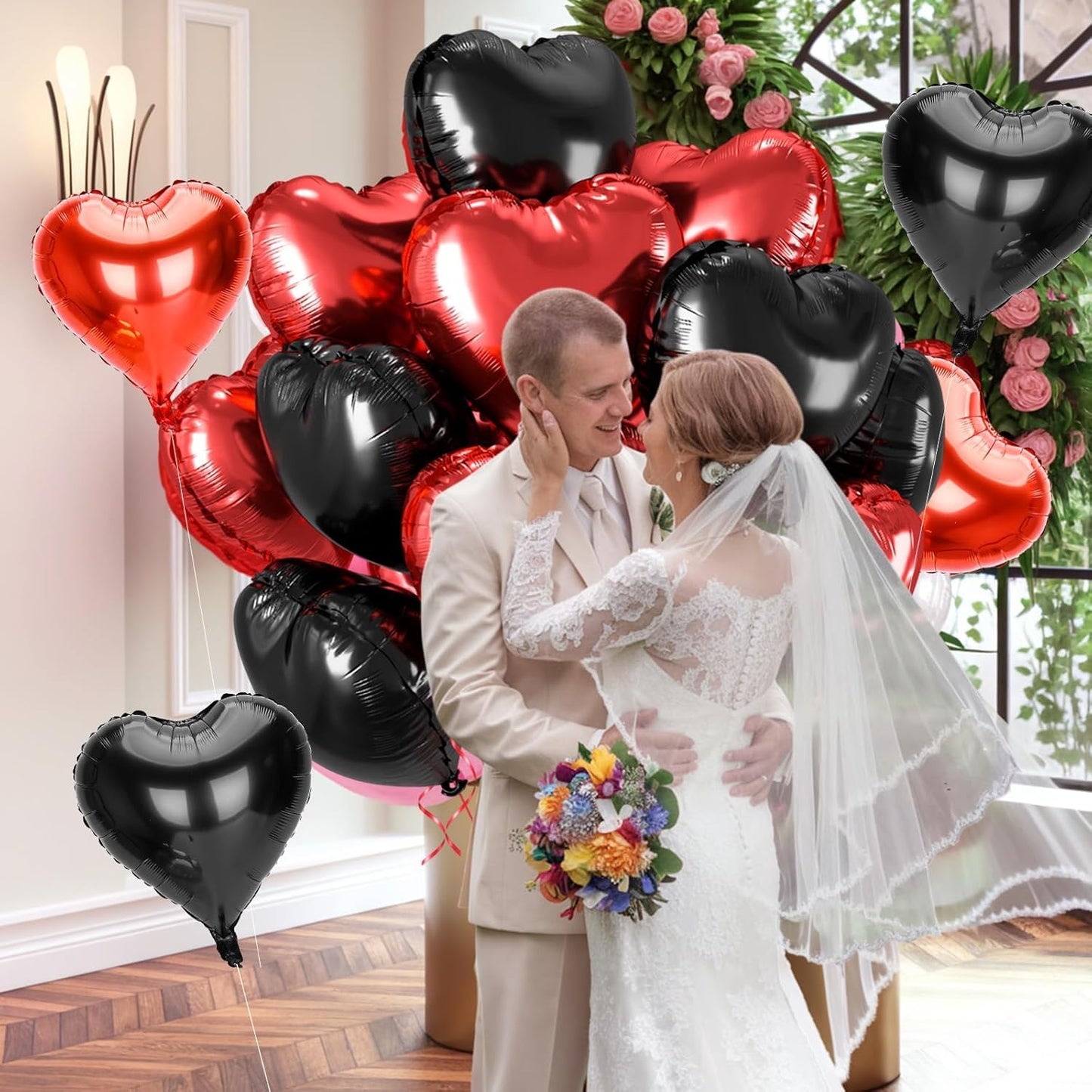 12 Pcs Heart Balloons, 18 inch Valentine's Day Heart Shaped Balloons, Red Black Foil Helium Balloon, Love Foil Balloon for Valentine's Day Wedding Baby Shower Party Decorations