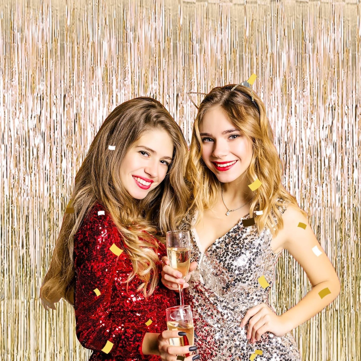 4P Metallic Foil Fringe Tinsel Table Skirts for Rectangle Tables Backdrop Banner Streamer Garland Curtains for Parade Floats Wedding Graduation Anniversary Birthday Parties Decoration (Champagne)