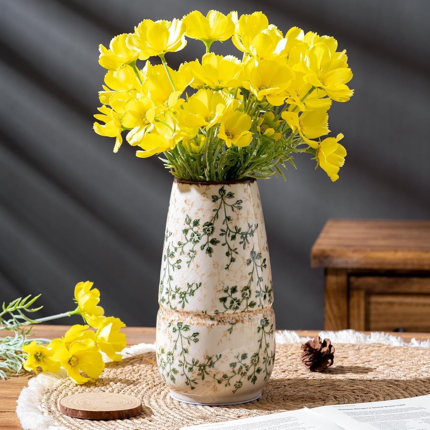 Vintage Green and Beige Vase, Large Round Ceramic Floral Vases, Retro Ice Cracked Chinoiserie Vase for Home Decor, Living Room, Bookshelf, Office, Bedroom and Shelf, Rustic Table Centerpiece 10 Inch