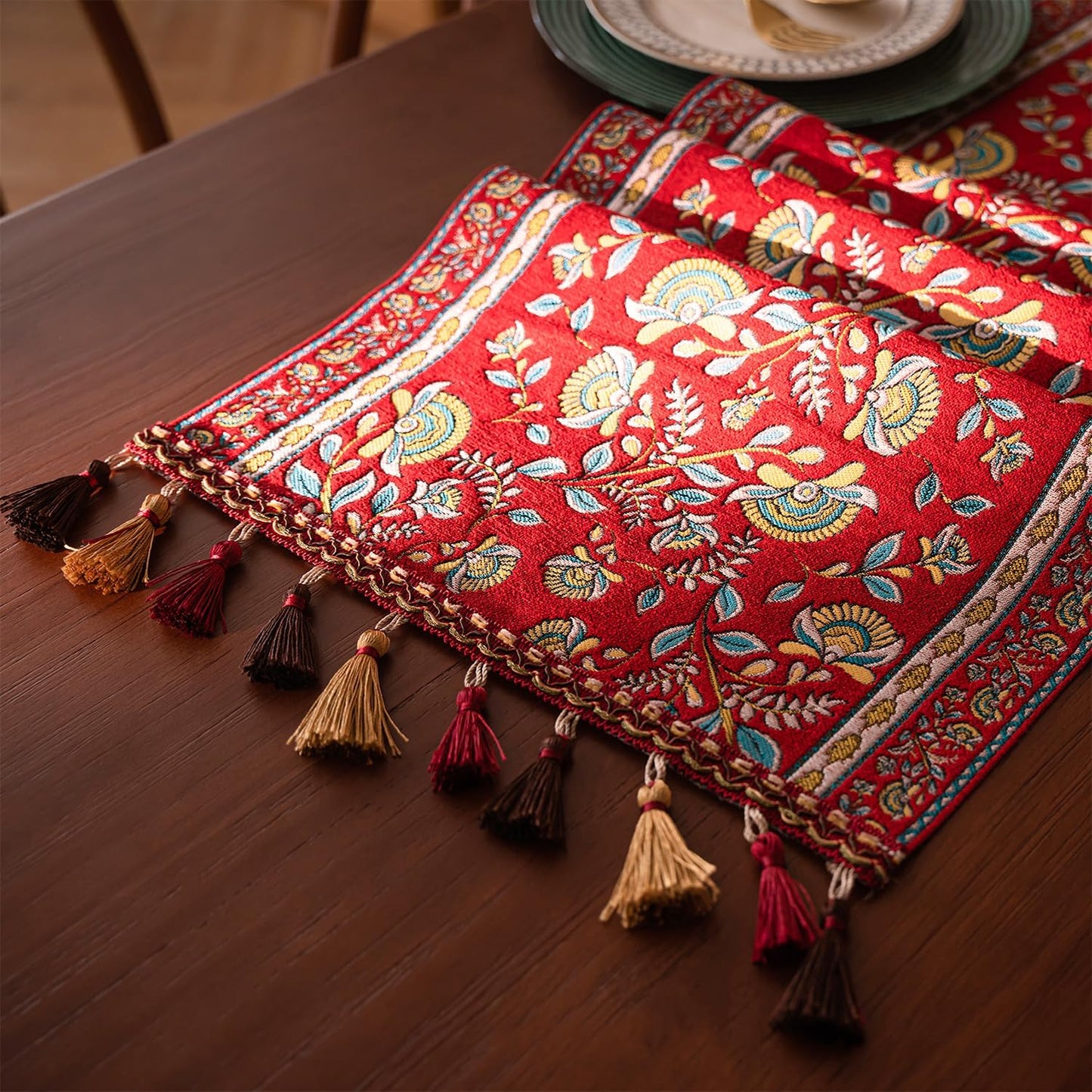 13×72 Inch Table Runner, Retro-Luxury Tassels Series for Kitchen Dining Table Holiday Decoration (Red Branch)