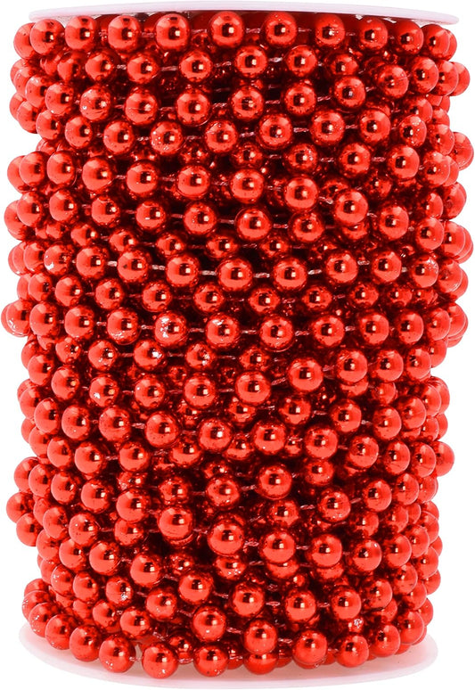 Mandala Crafts 8mm Faux Red Pearl Beads Roll - 20 Yards Strand of Fake Pearls Chain Garlands Spool String for Christmas Tree, Wedding, Party, Vases, DIY Decoration