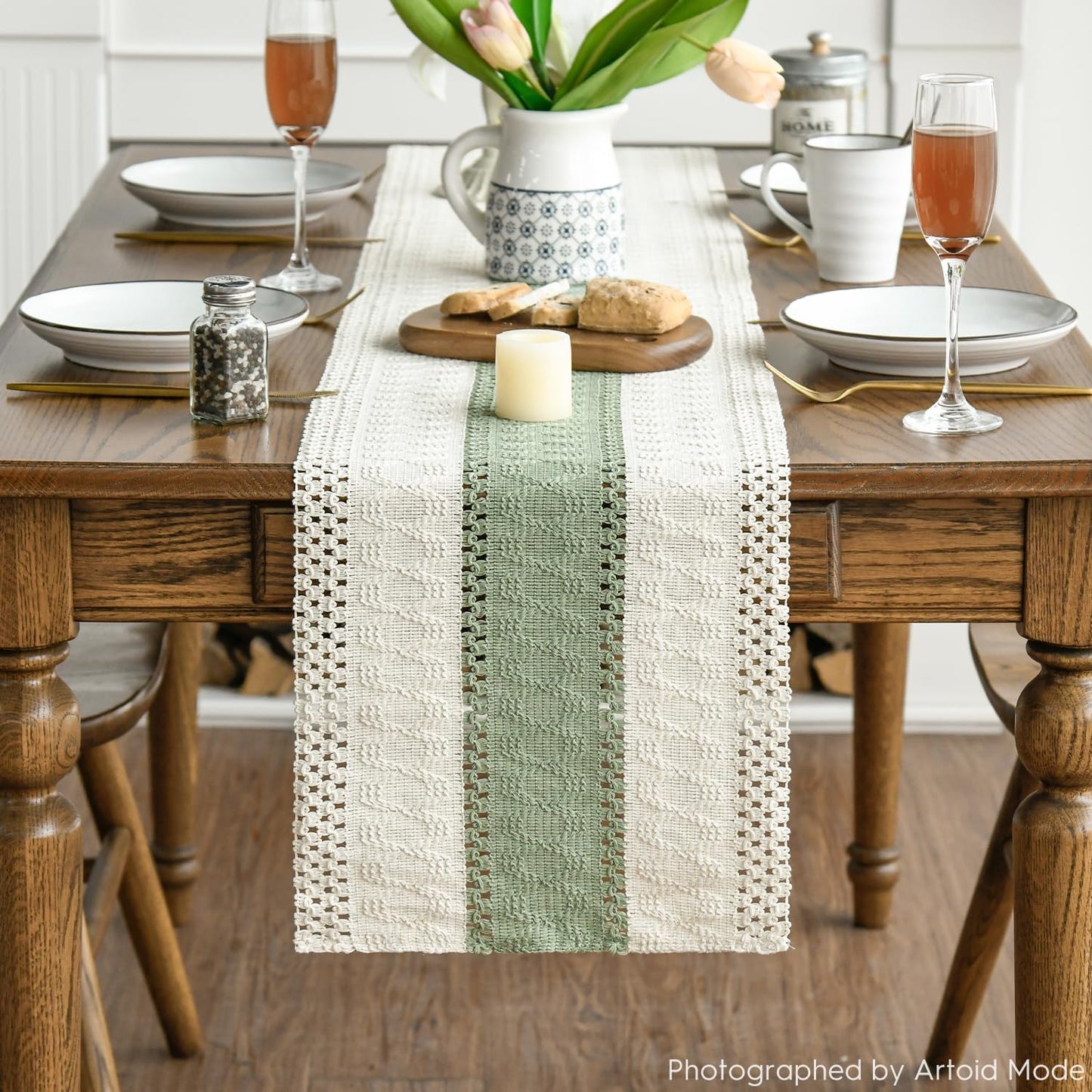 Artoid Mode Light Green Farmhouse Rustic Table Runner, Seasonal Holiday Hollow Kitchen Dining Table Decoration for Home Party Decor 12x90 Inch