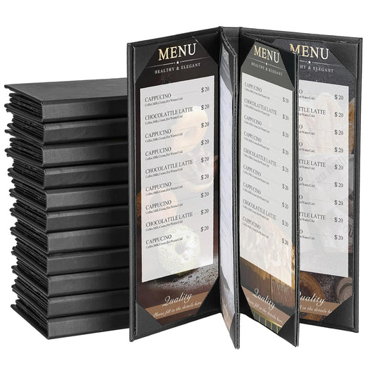 12 Pack 6 View Menu Holder Menu Covers 4.25" x 11" | Black Leather Menu Sleeves Book Style for Restaurant Coffee Bars Wine List