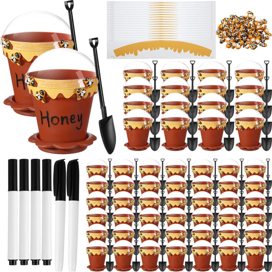 60 Sets Mini Honey Bee Pots with Lids, Spoon, Saucers and Bee Charms, 6.76 OZ Plastic Honey Jars for Cupcake Dessert Themed Party Favor Planter Baby Shower Birthday Wedding Decoration (Brown)