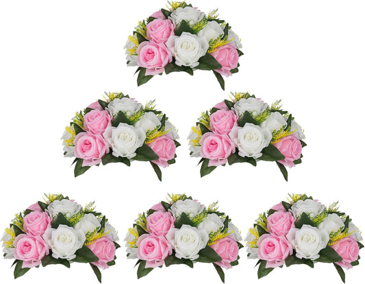 BLOSMON Flower Balls Rose Centerpieces: 6 Pcs 9.5 Inch Pink Fake Flowers Kissing Balls Decor Artificial Wedding Floral Arrangements Silk Flower Bouquet with Base Home Party Room Table DIY Decorations