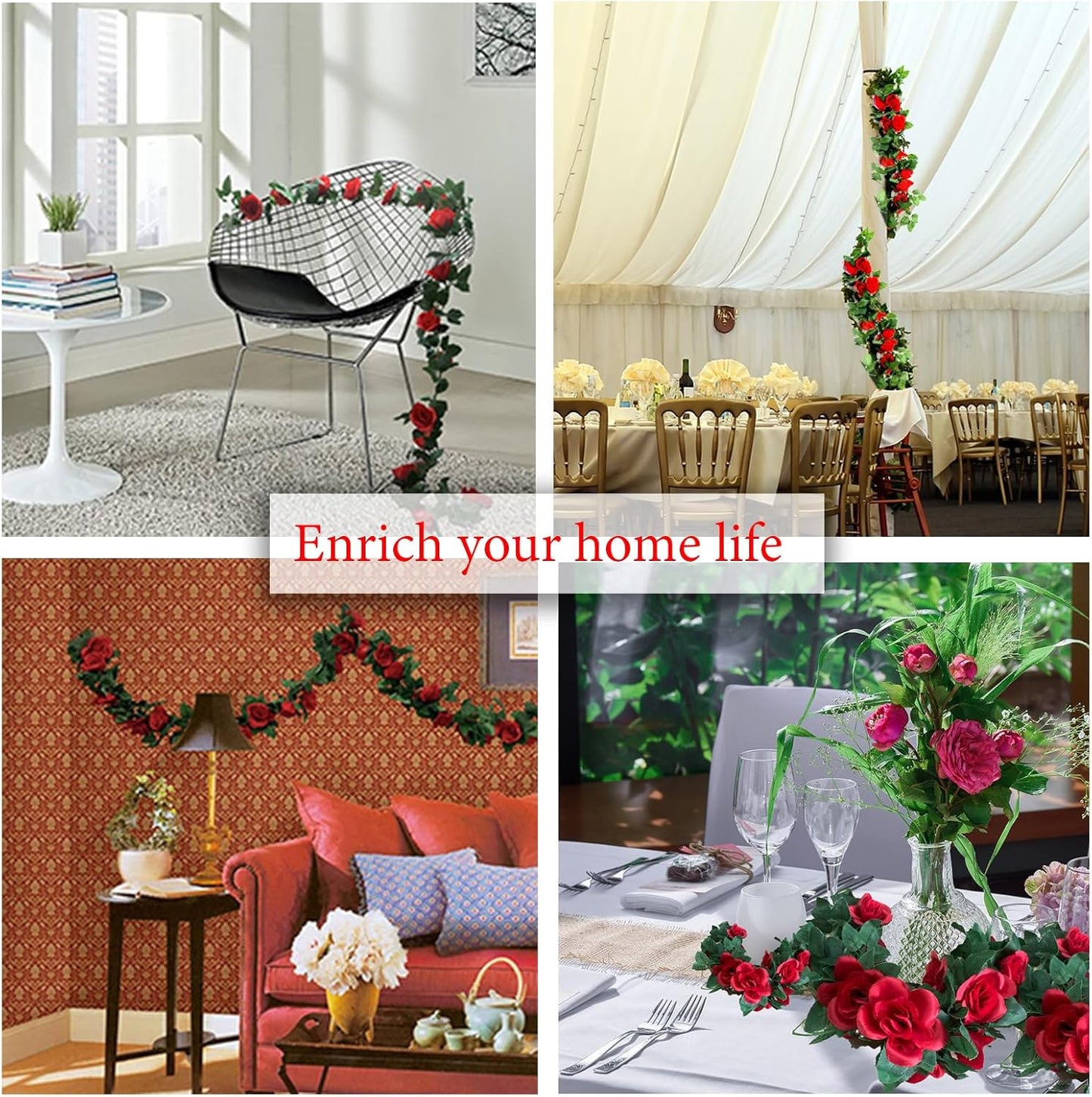 4 Pack Artificial Rose Vine Garland Fake Roses Flowers Plants Vines Hanging Floral Leaves Decoration for Wedding Party Table Garden Arch Wall Home Room Decor(Red)