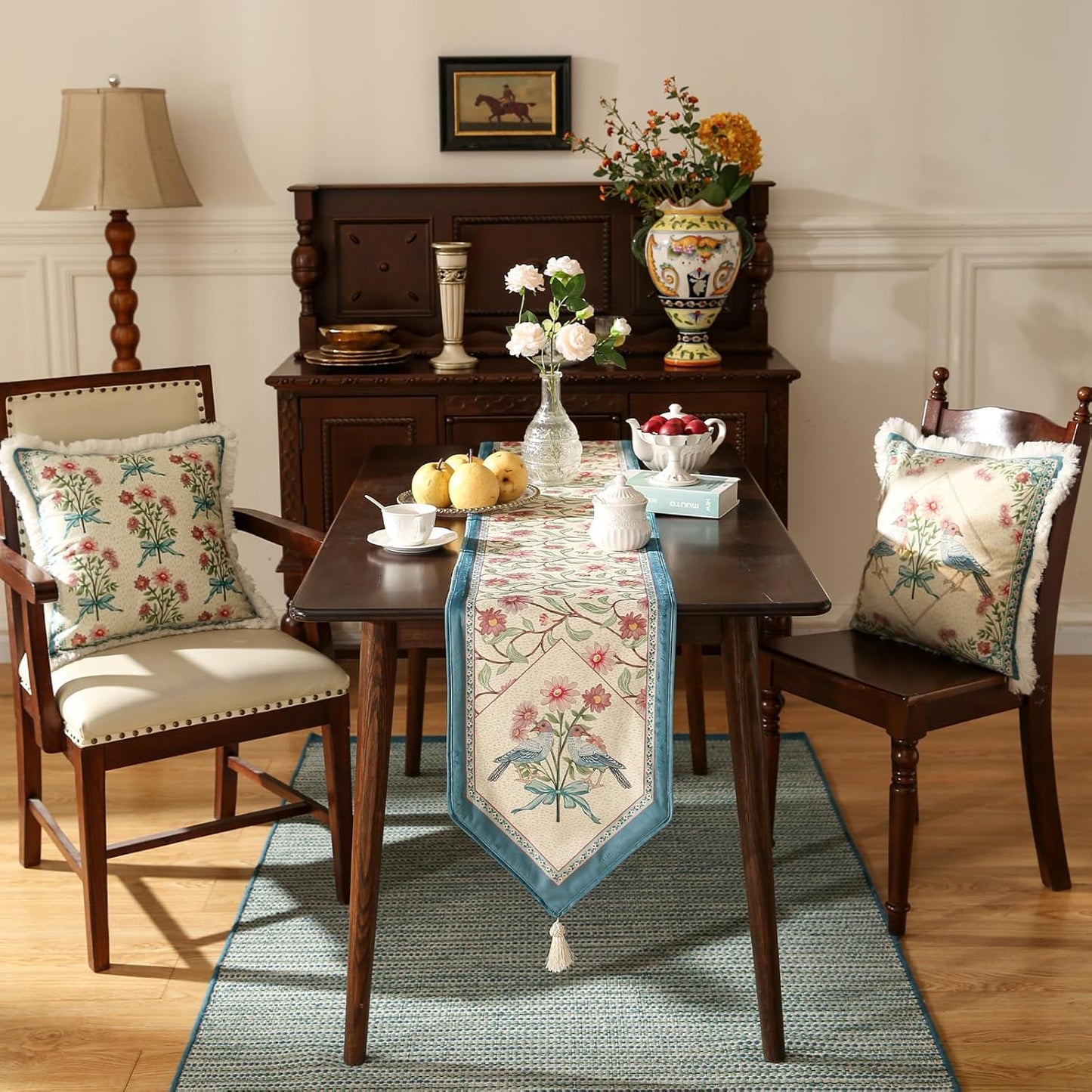 patdrea Designer French Elegant Wild Flowers Velvet Table Runner 71 Inch Long, Beige Pink Floral Pattern Table Mat, Decoration for Kitchen Dining Coffee Table Cabinet Banquet Thanksgiving,12"*71"