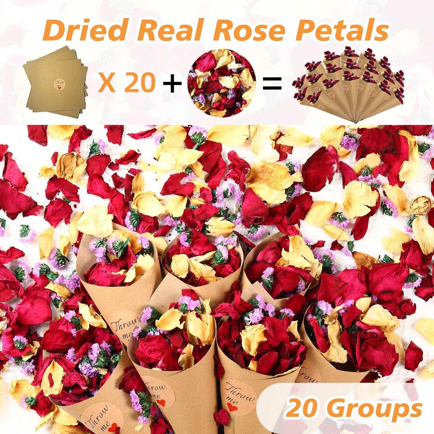 20+ Cups Real Dried Flower Petals, Biodegradable Wedding Flower Confetti, Mix Rose Petals and Purple Static Flowers for Engagement, Valentine's Day, Bath, Flower Girl Party Dinner Table Decor