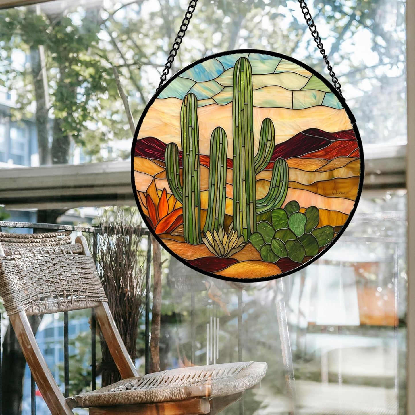 Stained Glass Window Hanging, Green Cactus Sun Catcher for Door Terrace Garden Home Decor, Abstract Desert Landscape Suncatcher Birthday Gifts for Lovers Women Men Dad Mom Nana 15 in