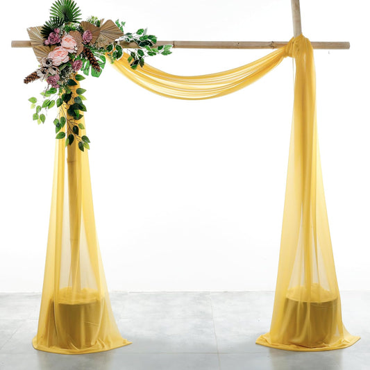 VDS Pack of 3 Panel (30 Inch X 20 Feet) Wedding Arch Draping Fabric Sheer Chiffon Fabric Drapery for Wedding Ceremony Reception Swag Backdrop Canopy Chuppah ARBO Altars Decoration (Gold)