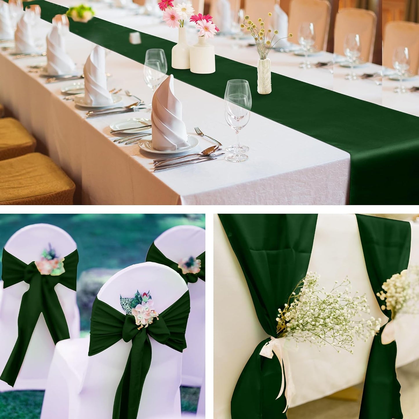 Aneco 12 Pack Satin Table Runner 12 x 108 Inch Forest Green Long Wedding Satin Silk Table Runner for Wedding Banquet Graduations Birthday Party Decoration