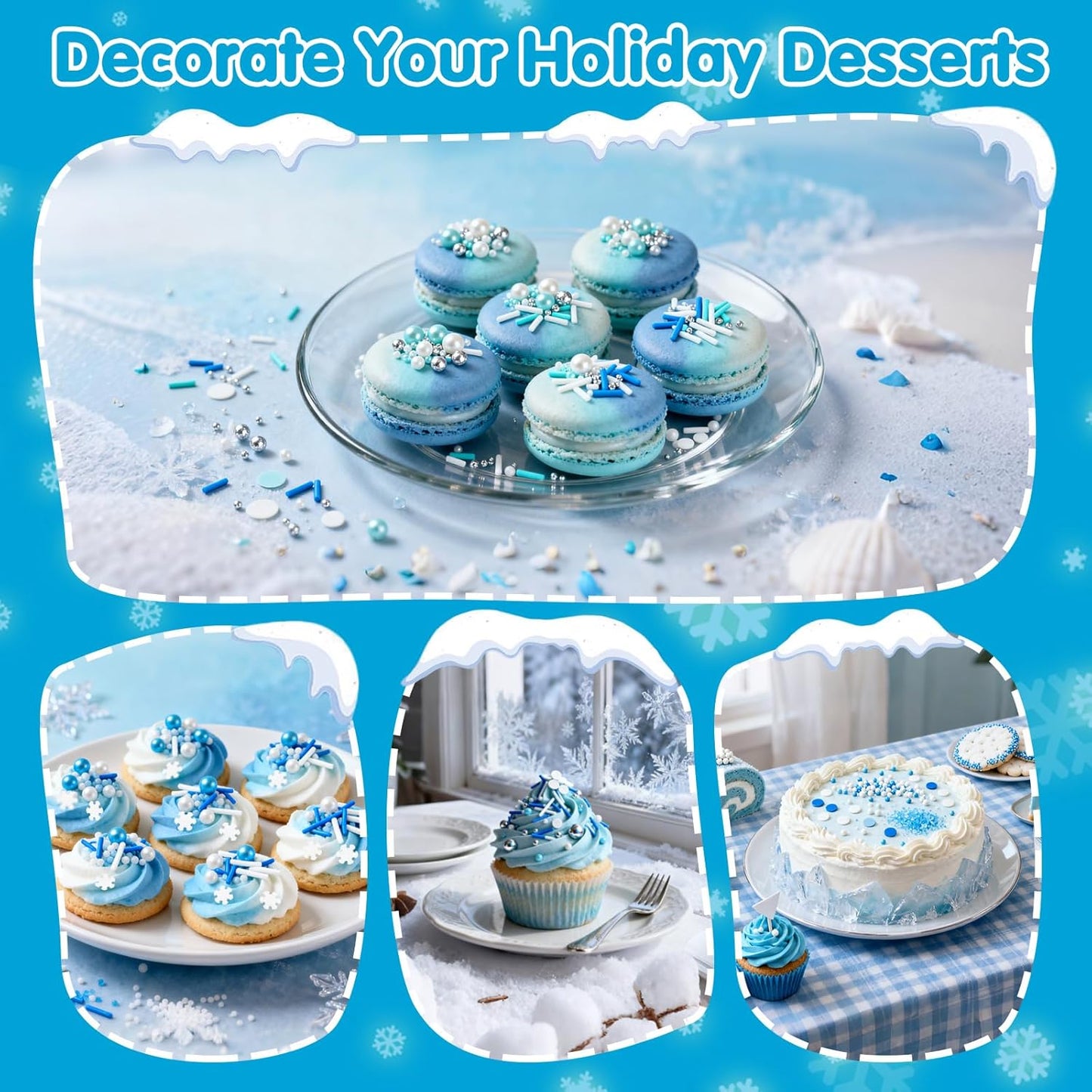 Edible Blue Silver White Sprinkles,Winter Jimmies Pearls Mix,130g/4.58oz,Perfect for Cake Decorations,Cake and Cupcake Sprinkles with Assorted Shapes and Sizes for Parties Baking, Ice Cream, Cookies, Cupcake Topper