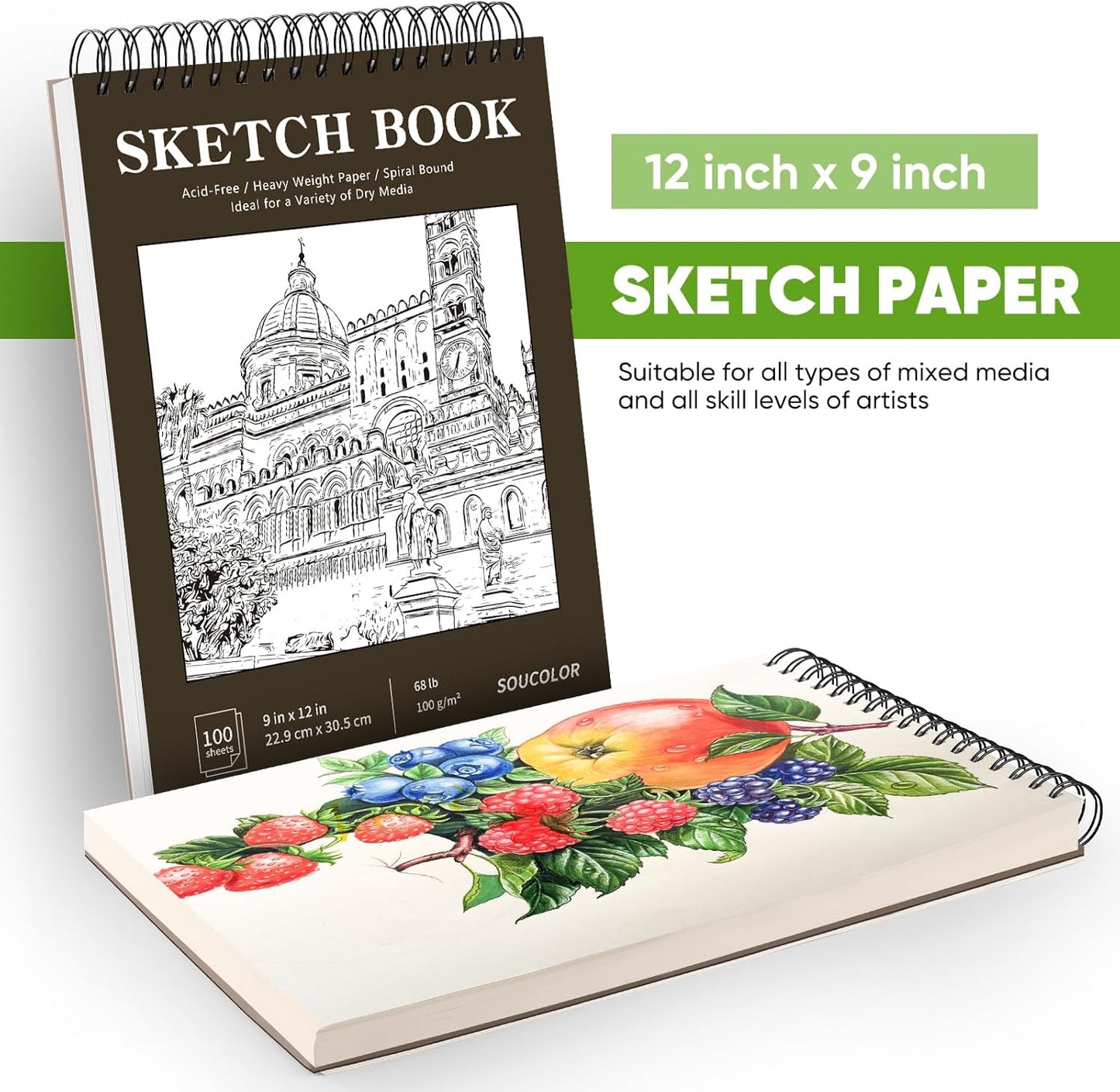 Classroom Must Haves Supplies for Teacher Student, Soucolor 9" x 12" Sketch Book 100 Sheets, Back to School Supplies, Art Sketchbook, Acid Free (68lb/100gsm) Artist Drawing Book Painting Sketching Pad