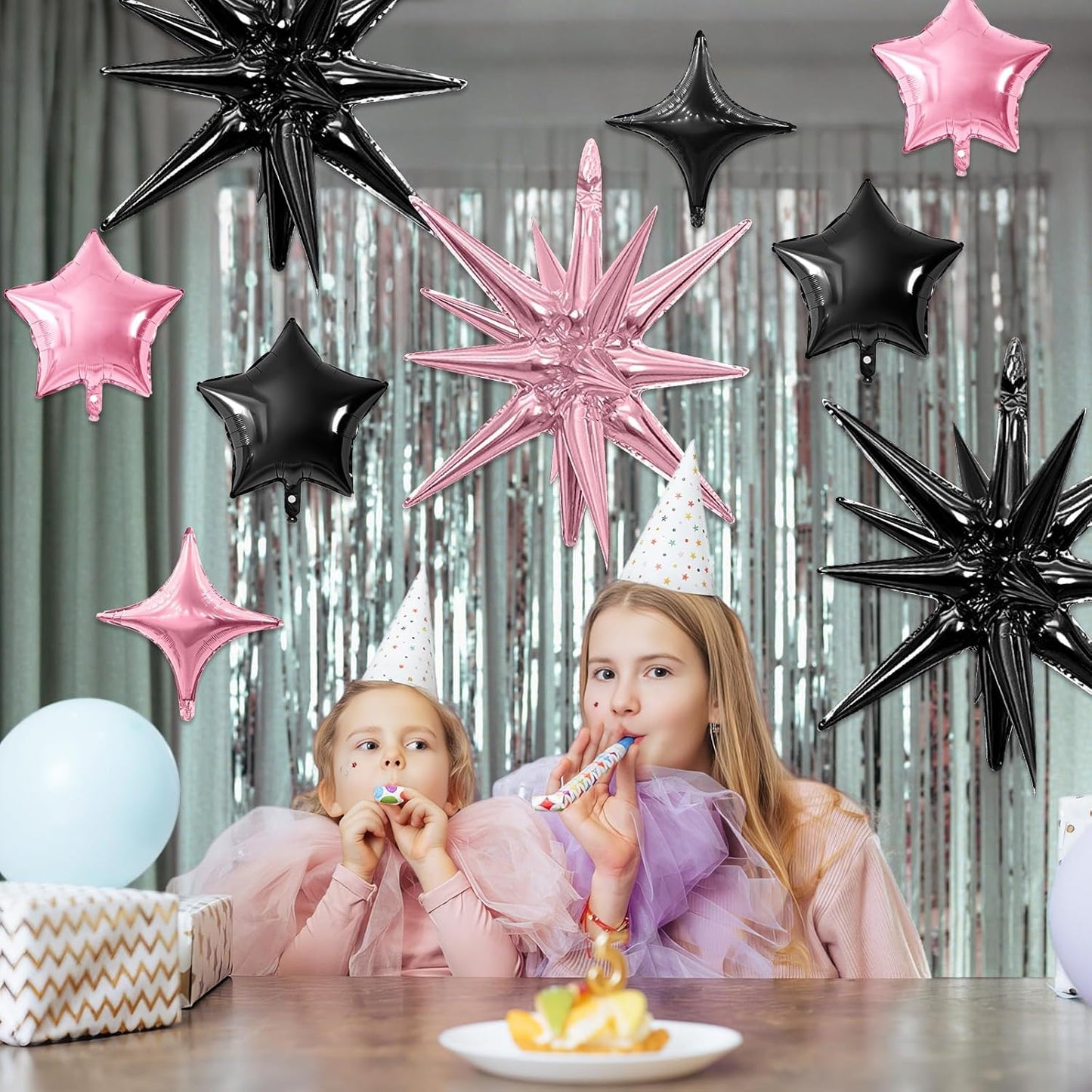Pink Black Star Balloon,16Pcs Star Foil Balloons Set with 22Inch Explosion Spike Cone Balloons and 10Inch Quadrangle Helium Balloon for Birthday Wedding Baby Shower Party Decorations