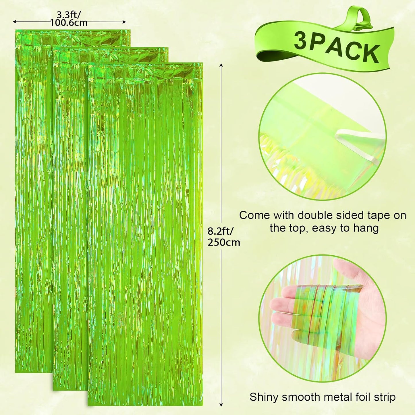3 Pack 3.3x8.2 Feet Neon Green Foil Fringe Backdrop Curtains, Tinsel Streamers Birthday Party Decorations, Fringe Backdrop for Graduation, Baby Shower, Gender Reveal, Disco Party