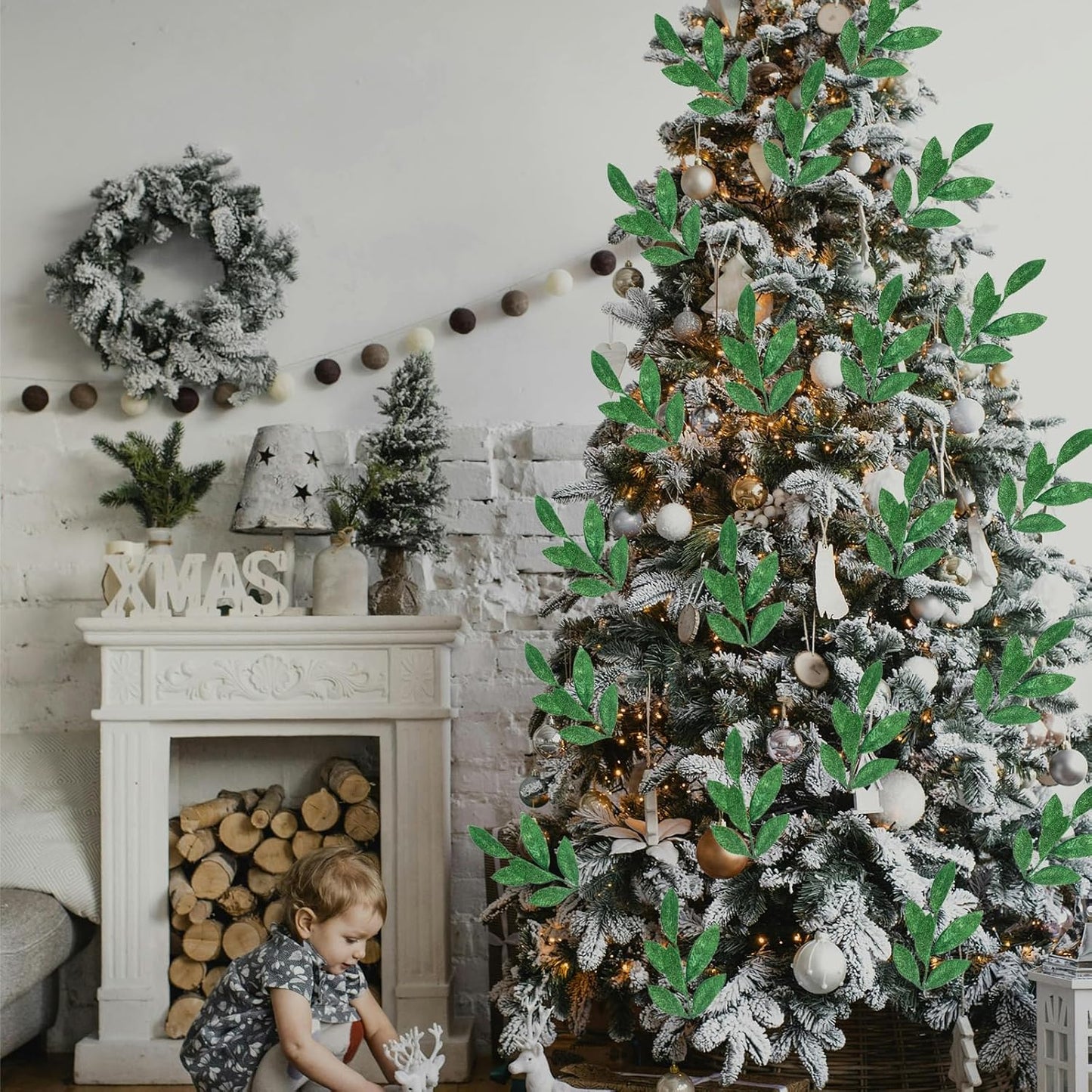 GREENTIME 12 Pack Artificial Green Glitter Leaves 13" Fake Christmas Picks Decorative Glitter Sticks for Vase Christmas Tree DIY Wreath Crafts Fireplace Decor