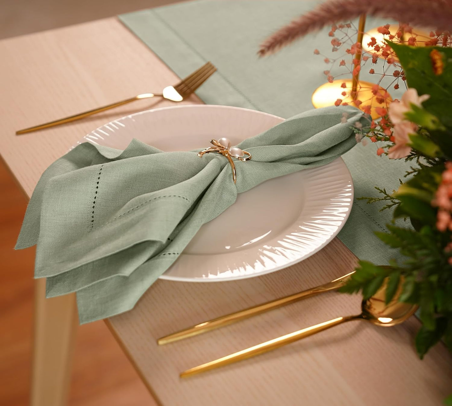 100% Pure Linen Sage Green Napkins 20 x 20 Inch - Hemstitch Christmas Dinner Napkins Set of 4 - Cloth Fabric Napkins for Thanksgiving, Winter, New Year - Elara