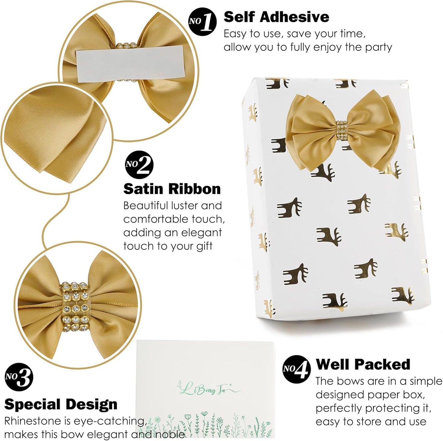 Gold Bows 4'' Premade Satin Ribbon Bow, Gift Bows with Rhinestone, Wrapping Bows for Presents, Greeting Cards, Treat Bags, Wine Bottles, Valentines Bows for Gift Wrapping-12 Counts