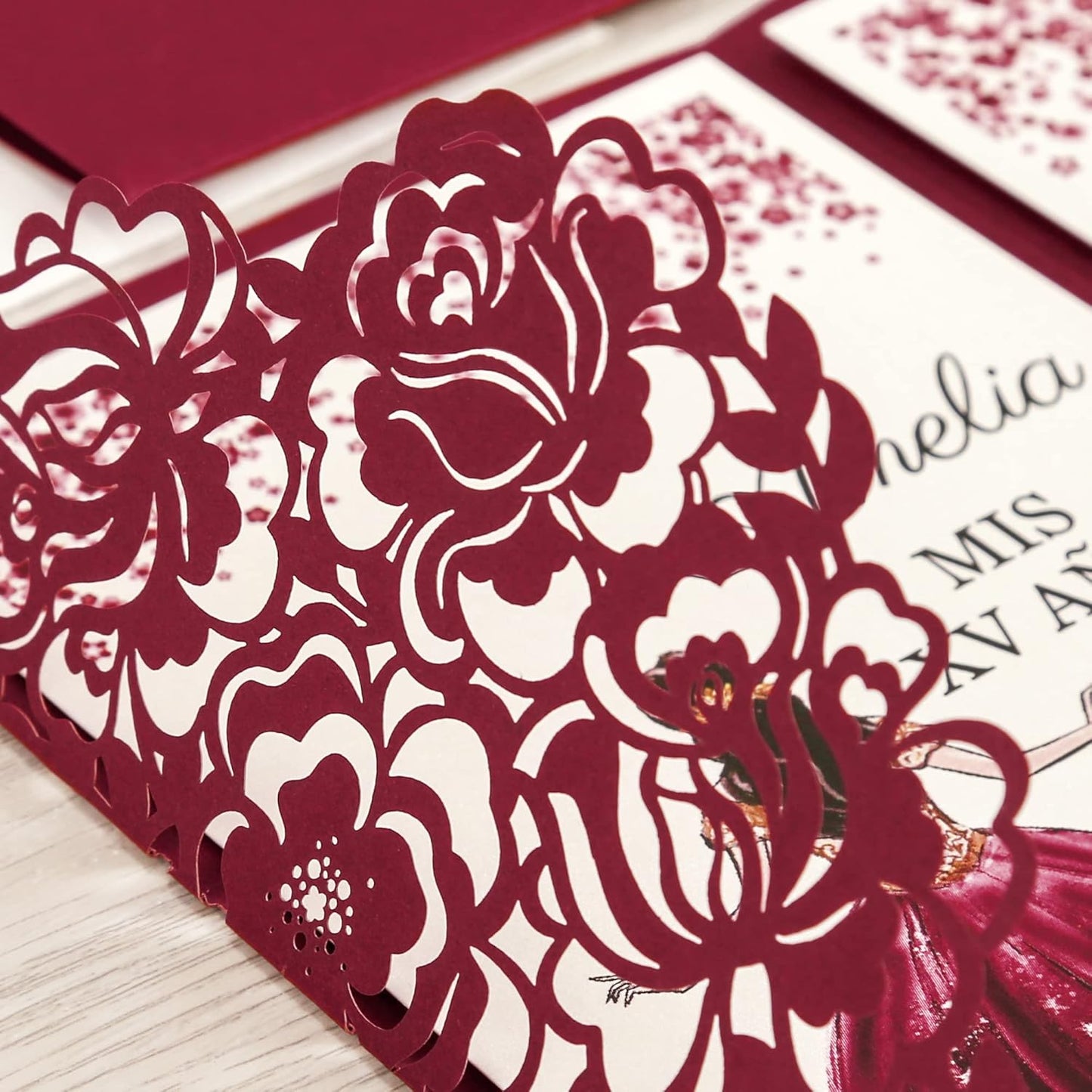 DORIS HOME 50pcs Laser Cut Quinceanera Invitations Burgundy, 4.7x7.1 Personalized Quince Invitations for 15th Birthday, Invitation cards for Sweet 16 with Envelopes