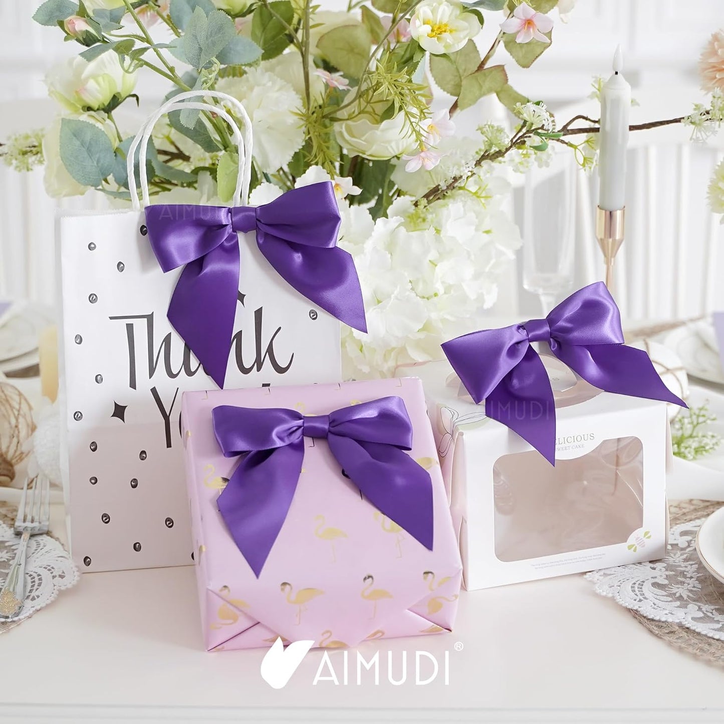 AIMUDI Purple Satin Bows 5.5" Bows for Gift Wrapping Satin Twist Tie Bows Premade Ribbon Bows for Treat Bags Invitations Baskets Crafts Wreaths Wedding Birthday Baby Shower Party Decorations, 24 PCs