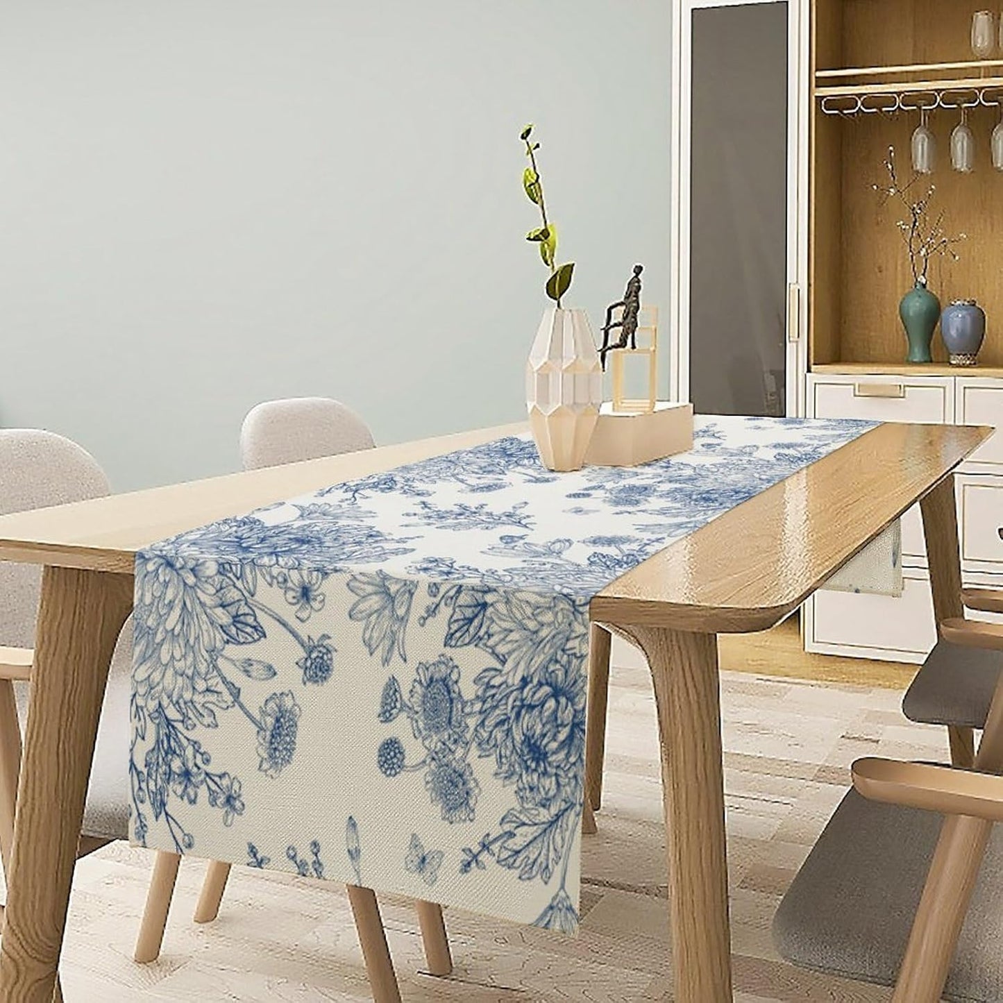 Chinoiserie Flower Table Runner, Seasonal Spring Fall Plants Blue Florals Dinner Runner for Home Kitchen Dining Table Party Holiday Decoration 13"x36"