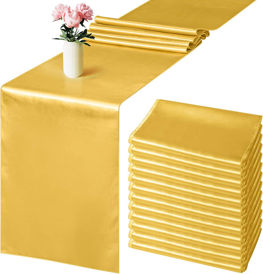 Aneco 12 Pack Satin Table Runner 12 x 108 Inch Gold Long Wedding Satin Silk Table Runner for Wedding Banquet Graduations Birthday Party Decoration